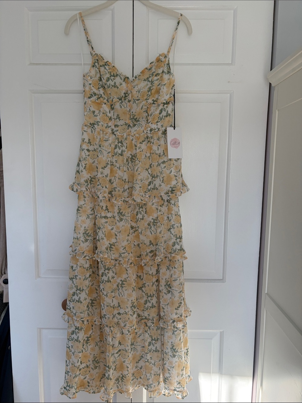 Yellow Floral Tiered Spaghetti-Strap Dress
